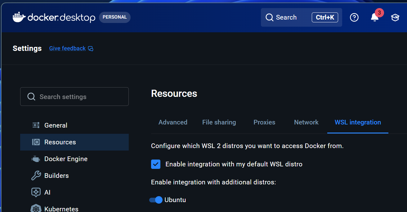 Docker Desktop Settings, Resources, WSL integration tab: the checkbox "Enable integration with my default WSL distro" is checked and the Ubuntu toggle under "Enable integration with additional distros" is on